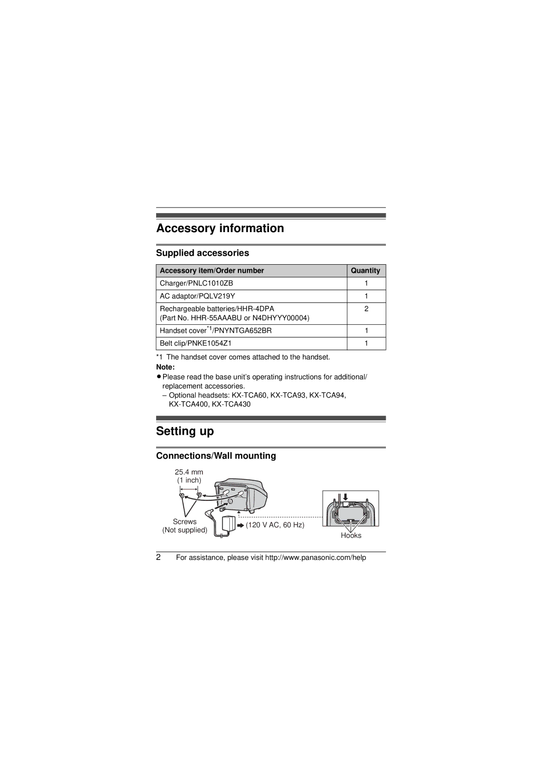 Panasonic KX-TG6521, KX-TGA401B Supplied accessories, Connections/Wall mounting, Accessory item/Order number Quantity 