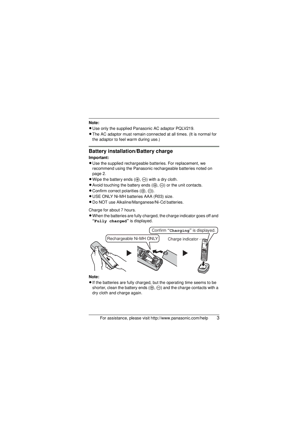 Panasonic KX-TG4051, KX-TGA401B, KX-TG6521, KX-TG4071 installation manual Battery installation/Battery charge 