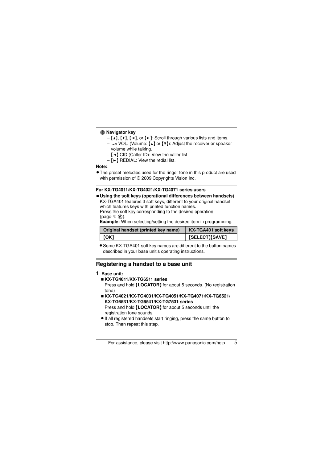 Panasonic KX-TGA401B, KX-TG6521 Registering a handset to a base unit, Navigator key, KX-TGA401 soft keys, Select Save 