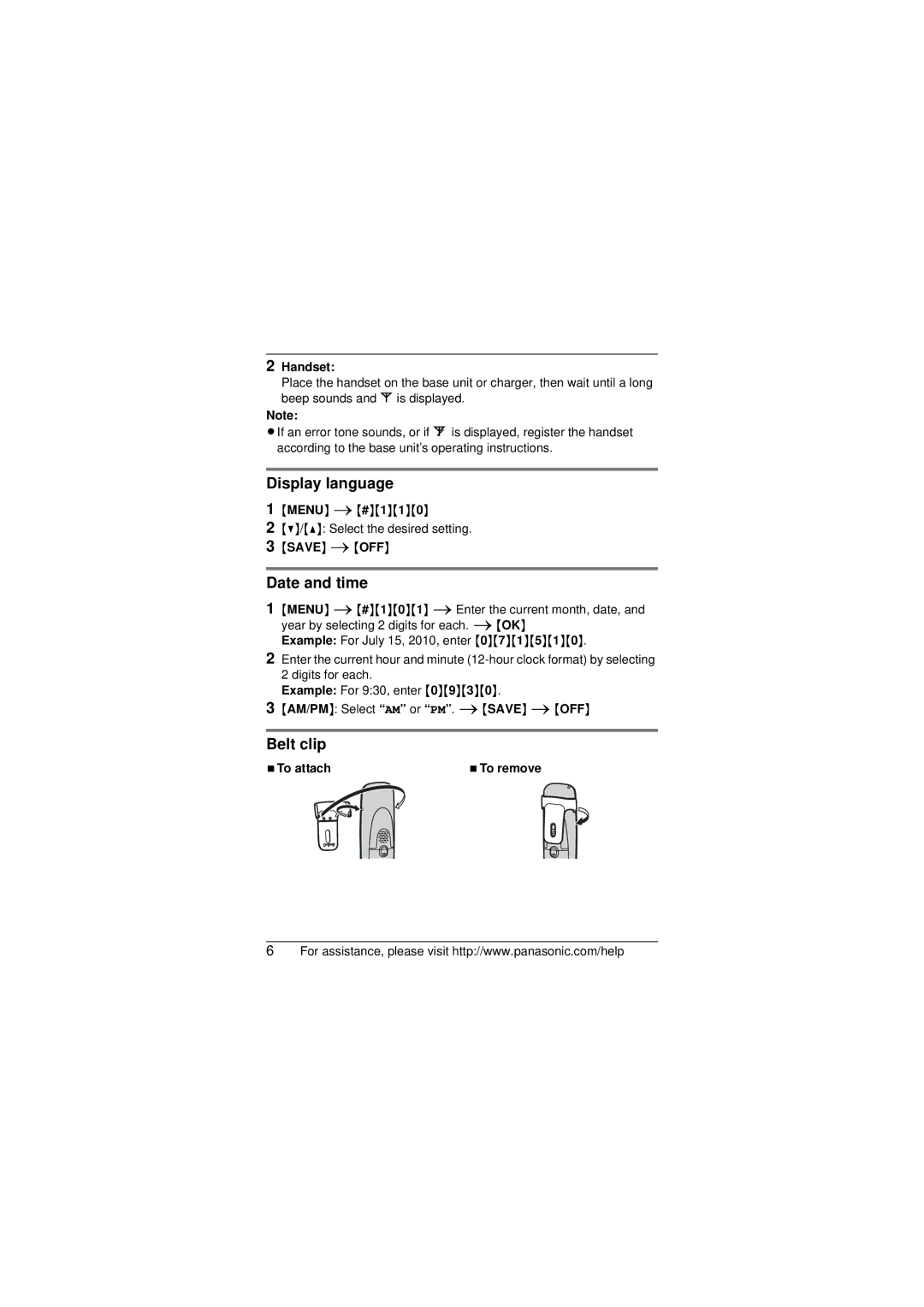 Panasonic KX-TGA401B, KX-TG6521, KX-TG4051, KX-TG4071 installation manual Display language, Date and time, Belt clip 