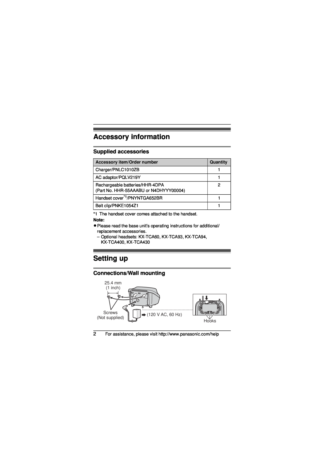Panasonic KX-TG6521 Accessory information, Setting up, Supplied accessories, Connections/Wall mounting, Quantity 