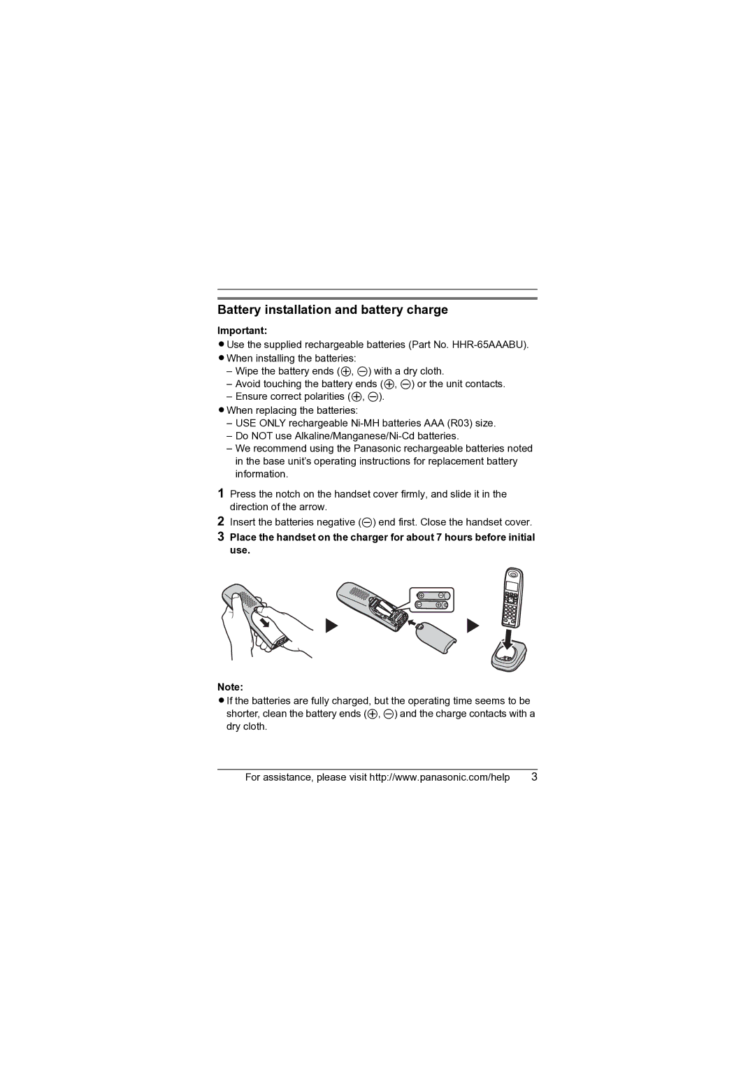 Panasonic KX-TGA430B installation manual Battery installation and battery charge 