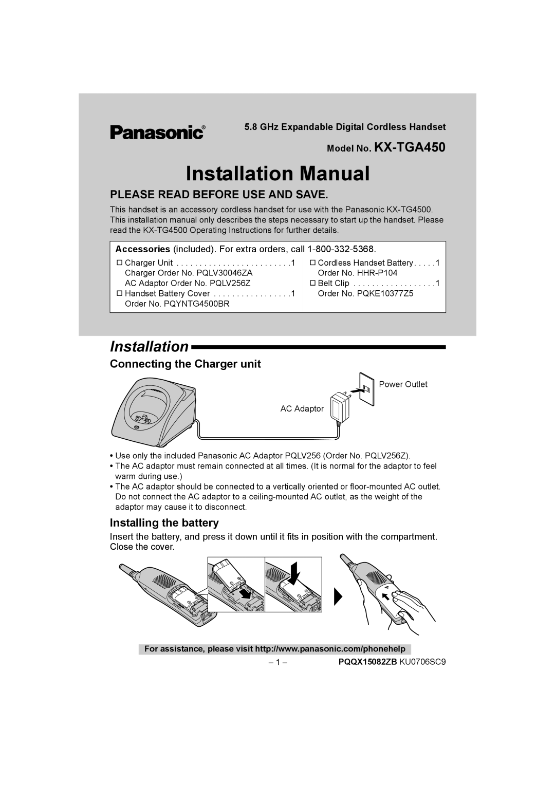 Panasonic KX-TGA450 installation manual Installation, Connecting the Charger unit, Installing the battery 