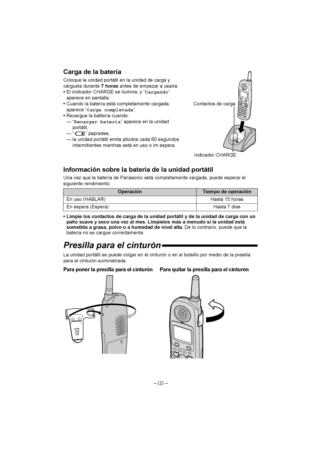 Panasonic KX-TGA450 Presilla para el cinturón, Carga de la batería, Información sobre la batería de la unidad portátil 