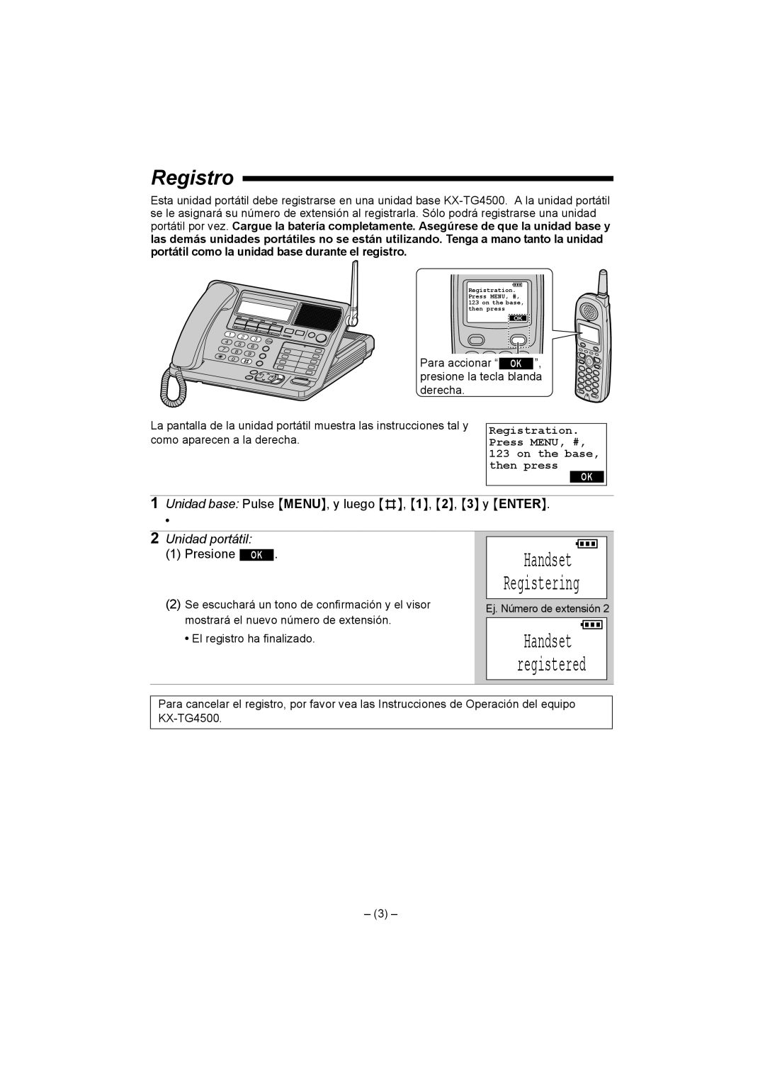 Panasonic KX-TGA450 installation manual Registro, Unidad base Pulse MENU, y luego #, 1, 2, 3 y Enter, Presione OK 