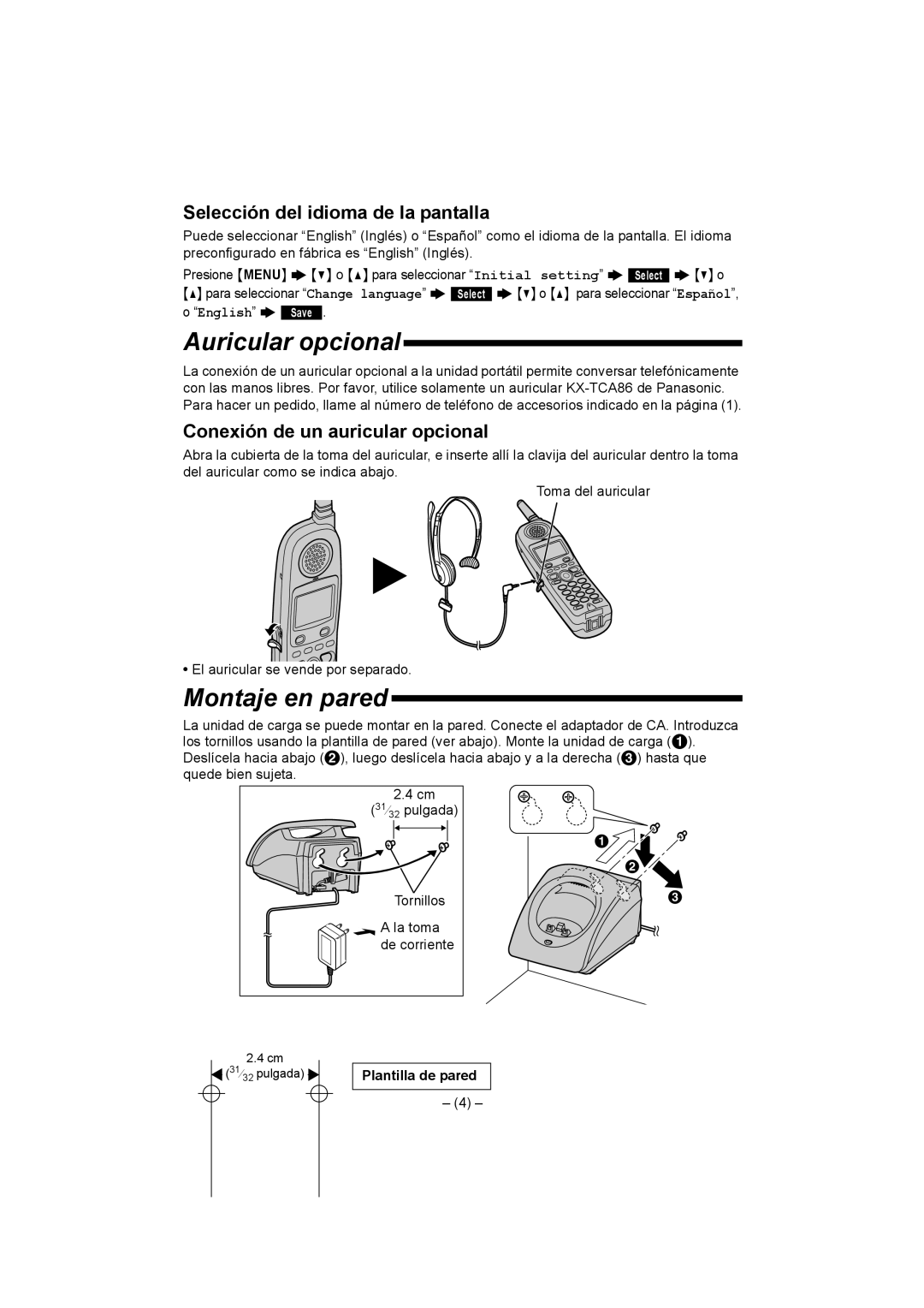 Panasonic KX-TGA450 installation manual Auricular opcional, Montaje en pared, Selección del idioma de la pantalla 