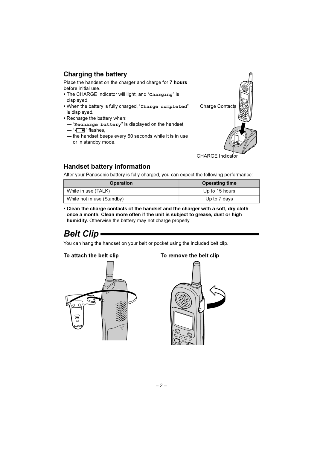 Panasonic KX-TGA450 installation manual Belt Clip, Charging the battery, Handset battery information 