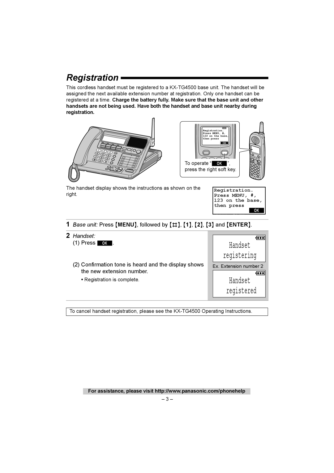 Panasonic KX-TGA450 installation manual Registration, Base unit Press MENU, followed by #, 1, 2, 3 and Enter 