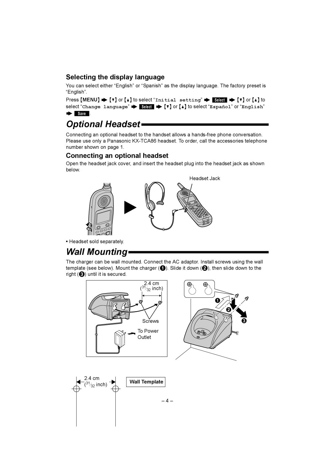 Panasonic KX-TGA450 Optional Headset, Wall Mounting, Selecting the display language, Connecting an optional headset 