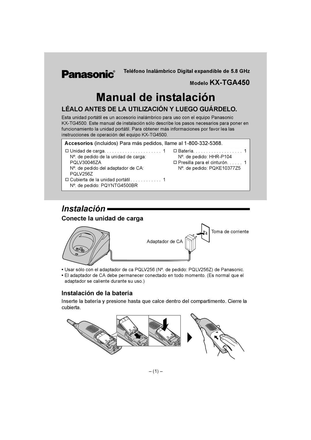 Panasonic KX-TGA450 installation manual Conecte la unidad de carga, Instalación de la batería 