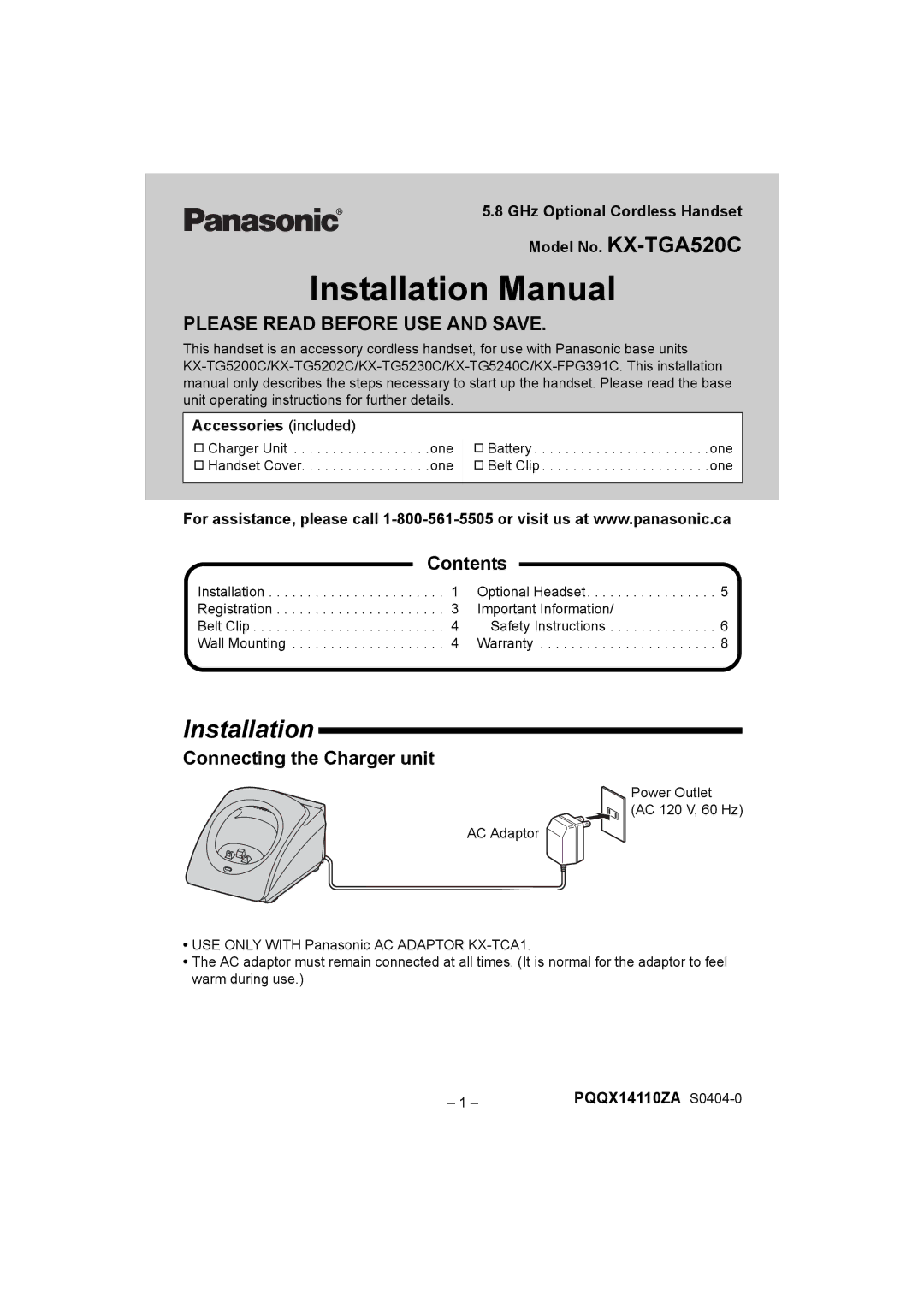 Panasonic KX-TGA520C installation manual Installation, Contents, Connecting the Charger unit 