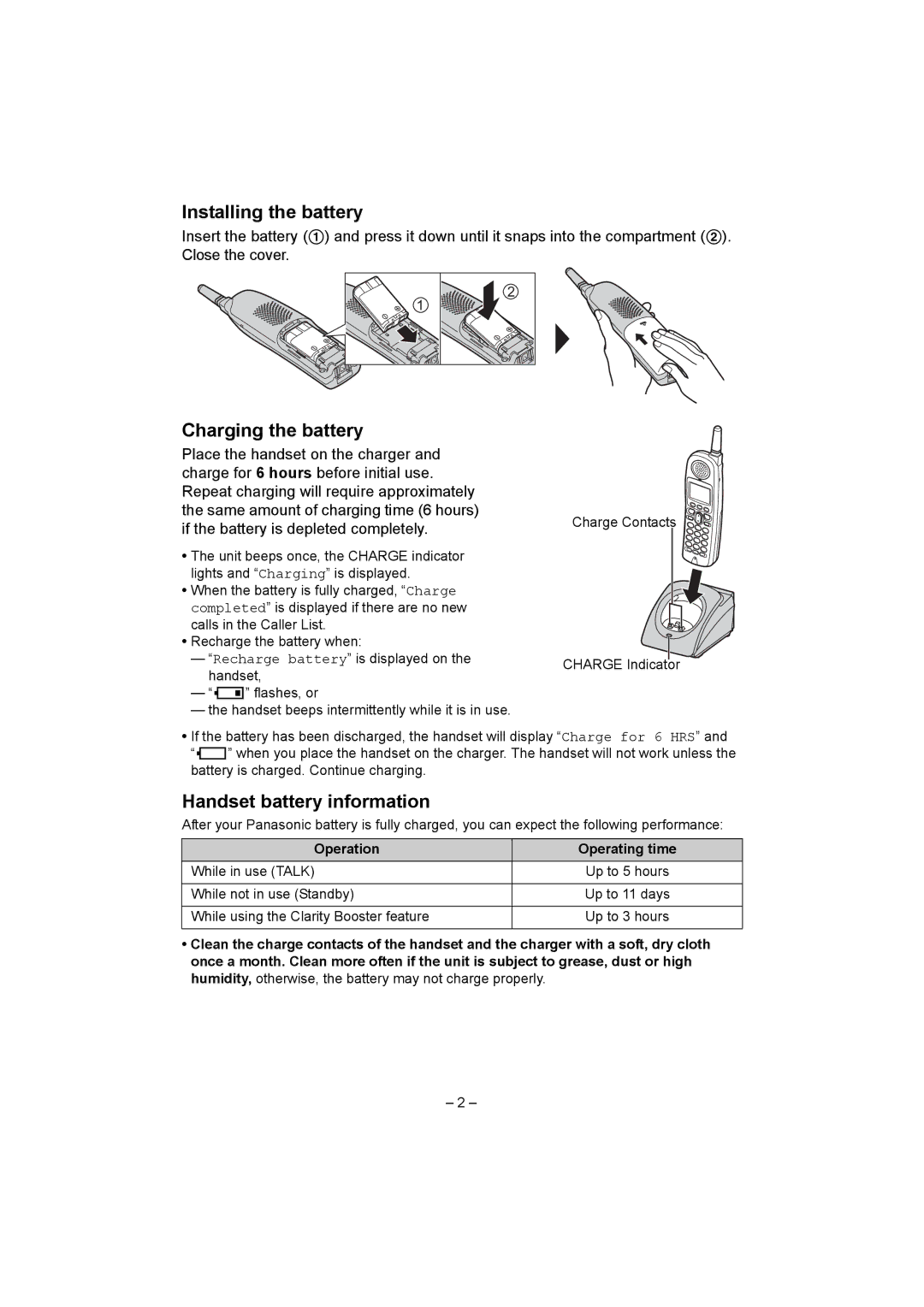 Panasonic KX-TGA520C installation manual Installing the battery, Charging the battery, Handset battery information 