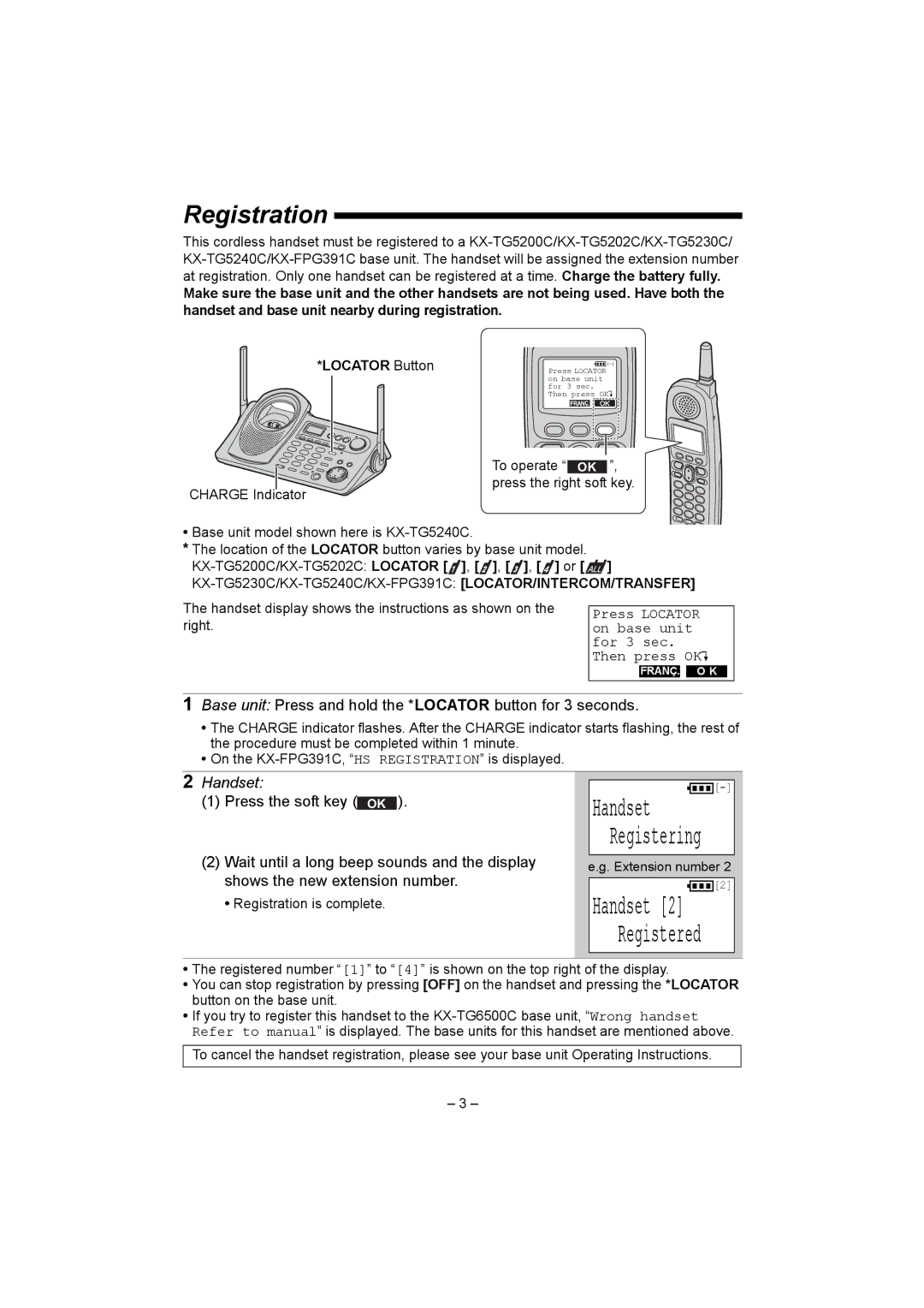 Panasonic KX-TGA520C installation manual Registration, Base unit Press and hold the *LOCATOR button for 3 seconds 