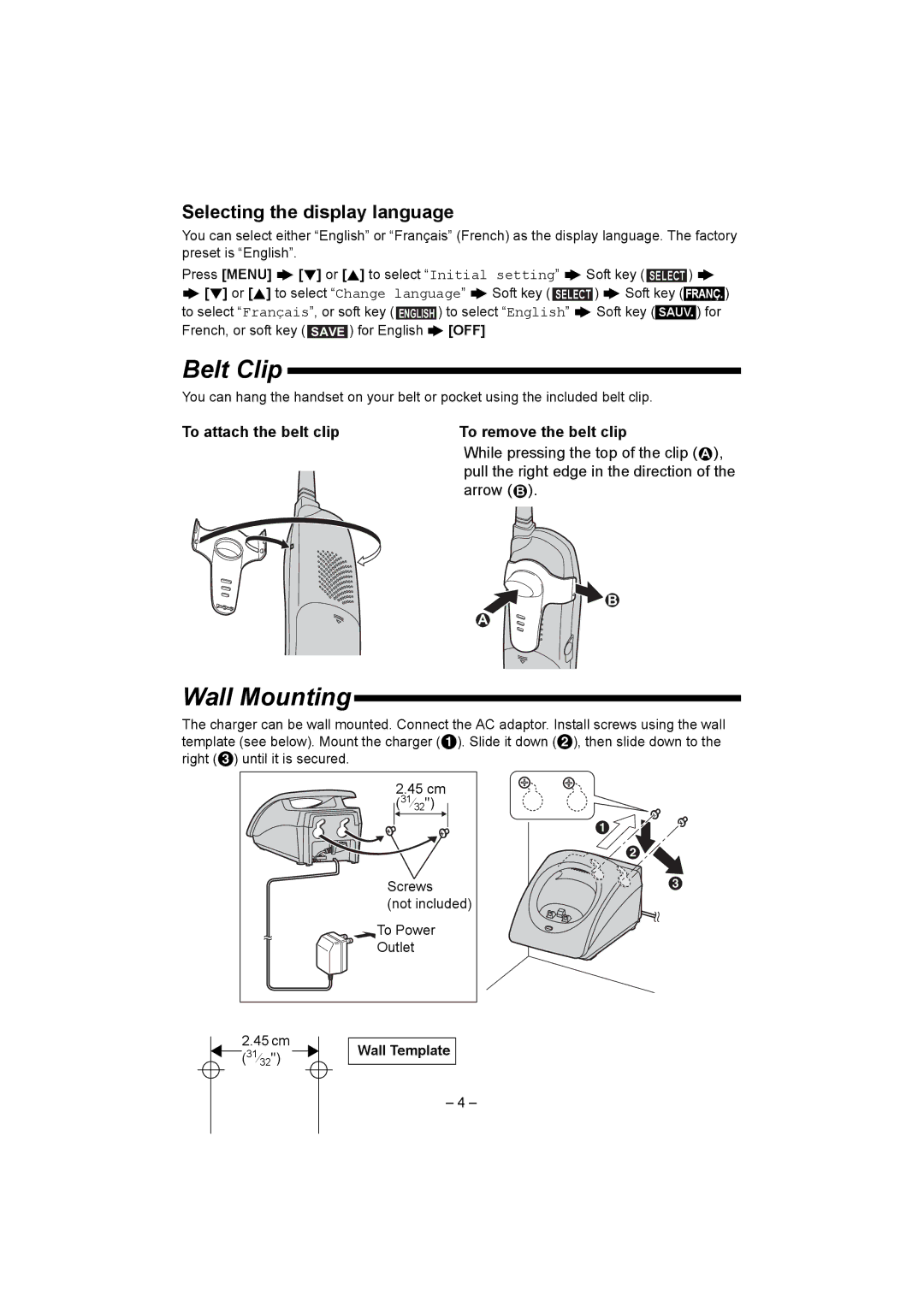 Panasonic KX-TGA520C installation manual Belt Clip, Wall Mounting, Selecting the display language 