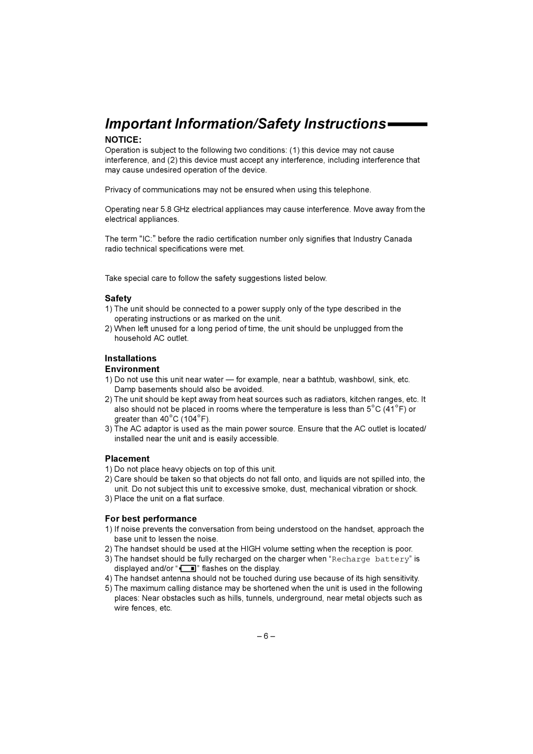 Panasonic KX-TGA520C Important Information/Safety Instructions, Installations Environment, Placement, For best performance 