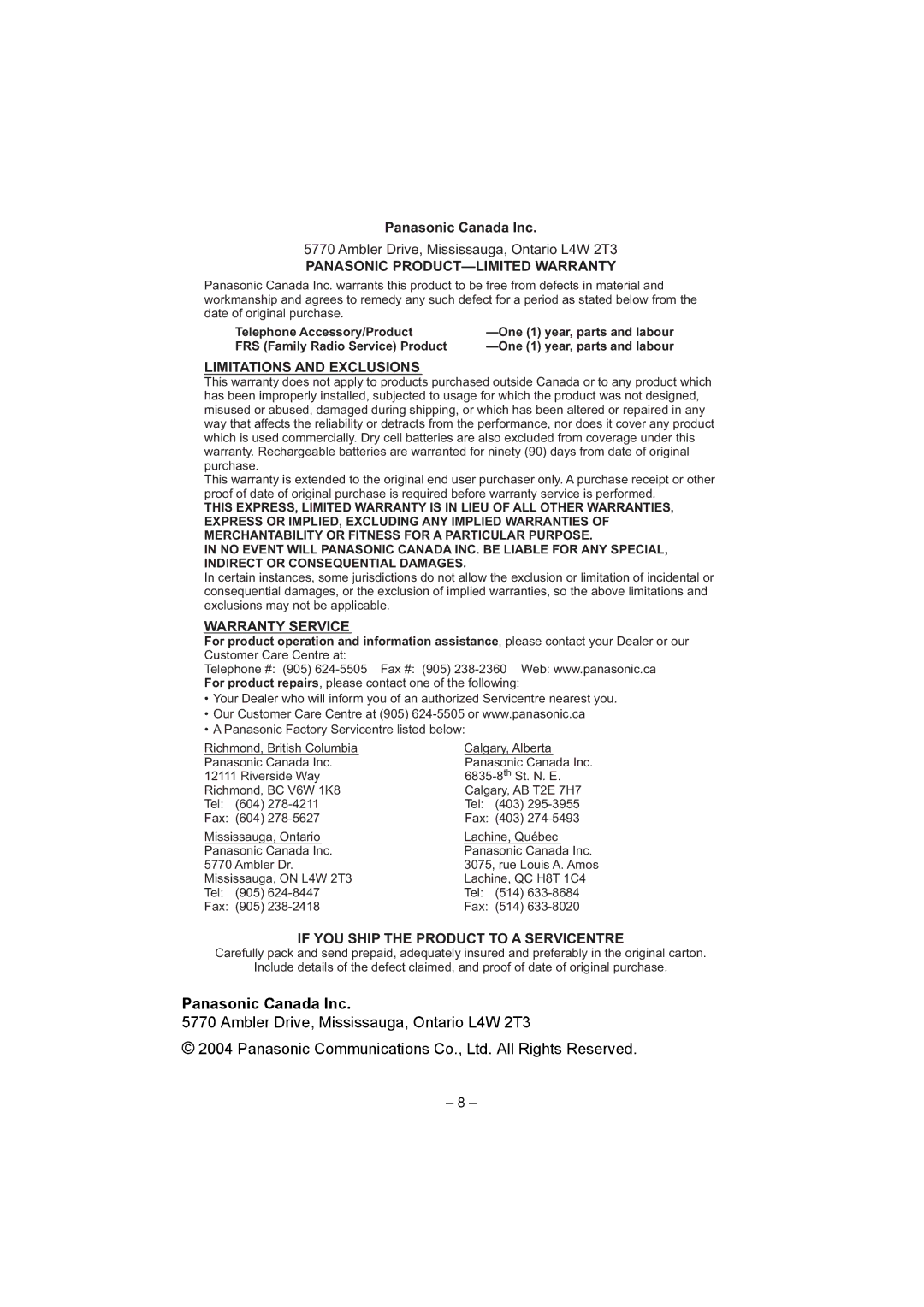 Panasonic KX-TGA520C installation manual Panasonic Canada Inc, Panasonic PRODUCT-LIMITED Warranty 