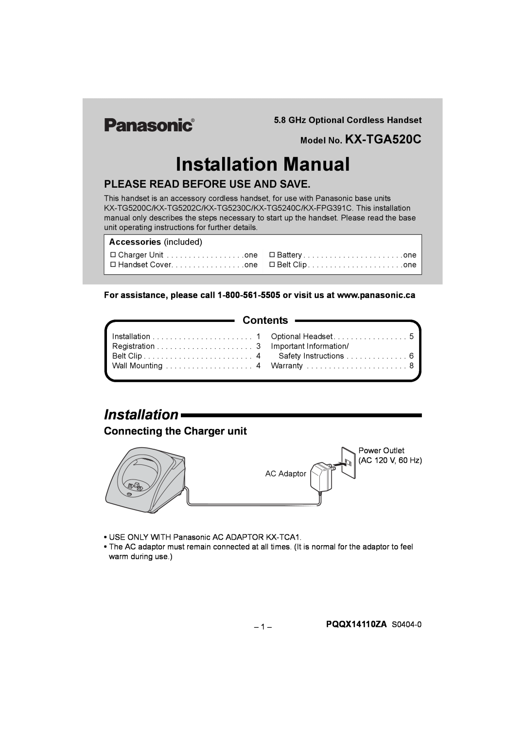 Panasonic installation manual Installation, Please Read Before Use And Save, Contents, Model No. KX-TGA520C 