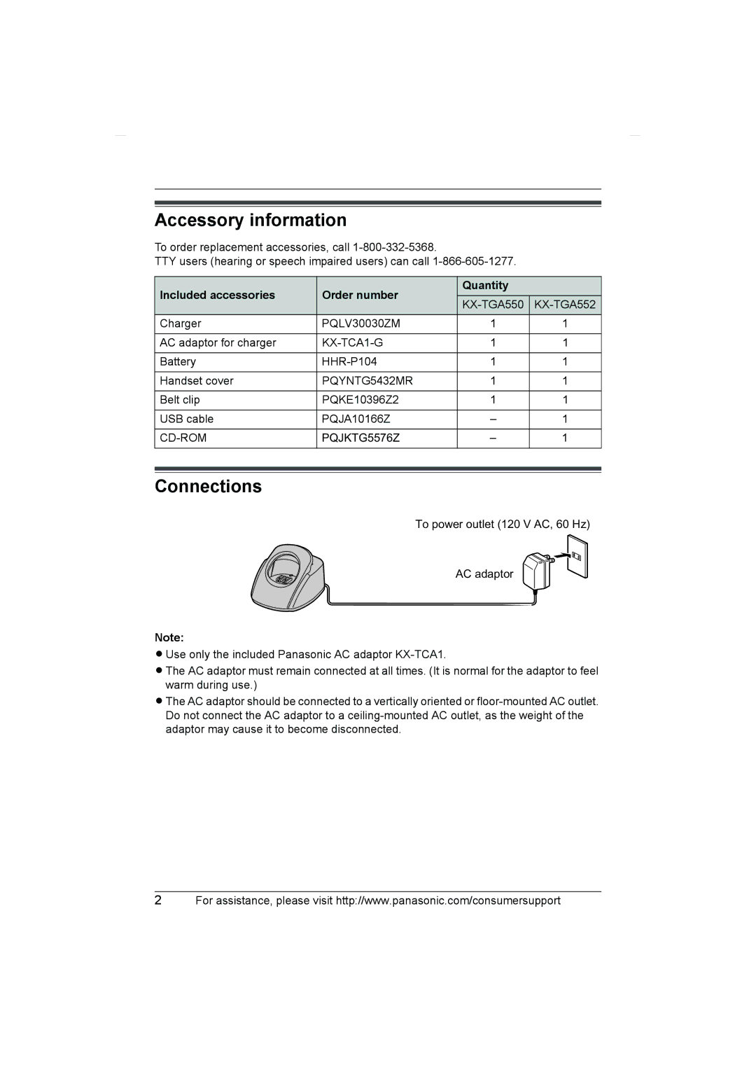 Panasonic KX-TGA550, KX-TGA552 Accessory information, Connections, Included accessories Order number Quantity 