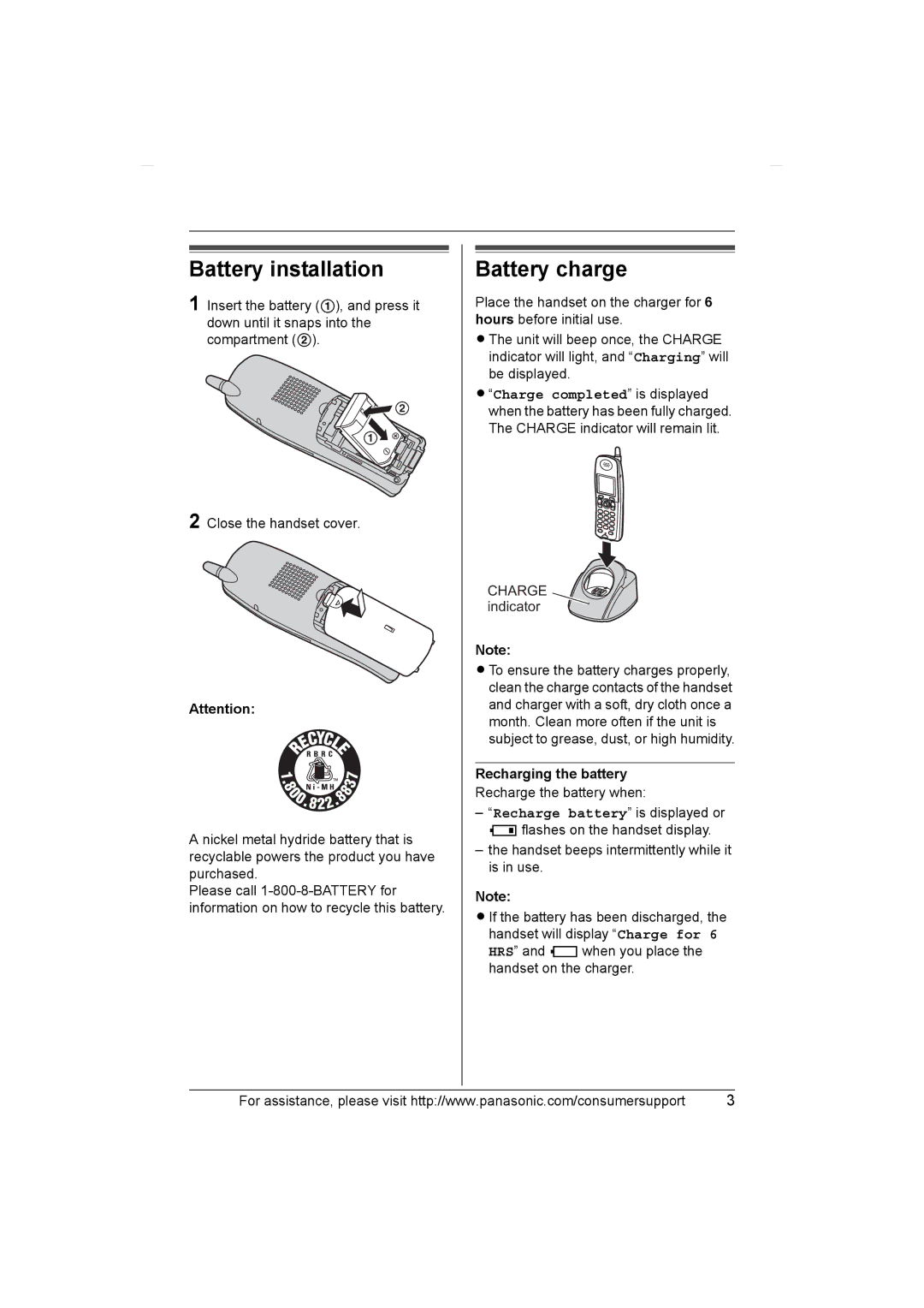 Panasonic KX-TGA552, KX-TGA550 installation manual Battery installation, Battery charge, Recharging the battery 