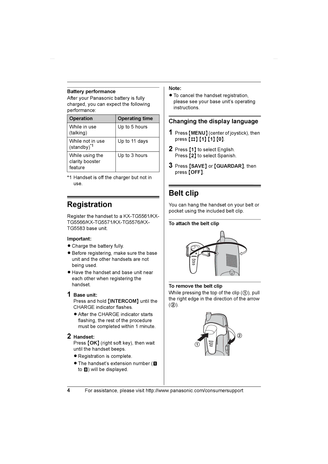 Panasonic KX-TGA550, KX-TGA552 installation manual Registration, Belt clip, Changing the display language 