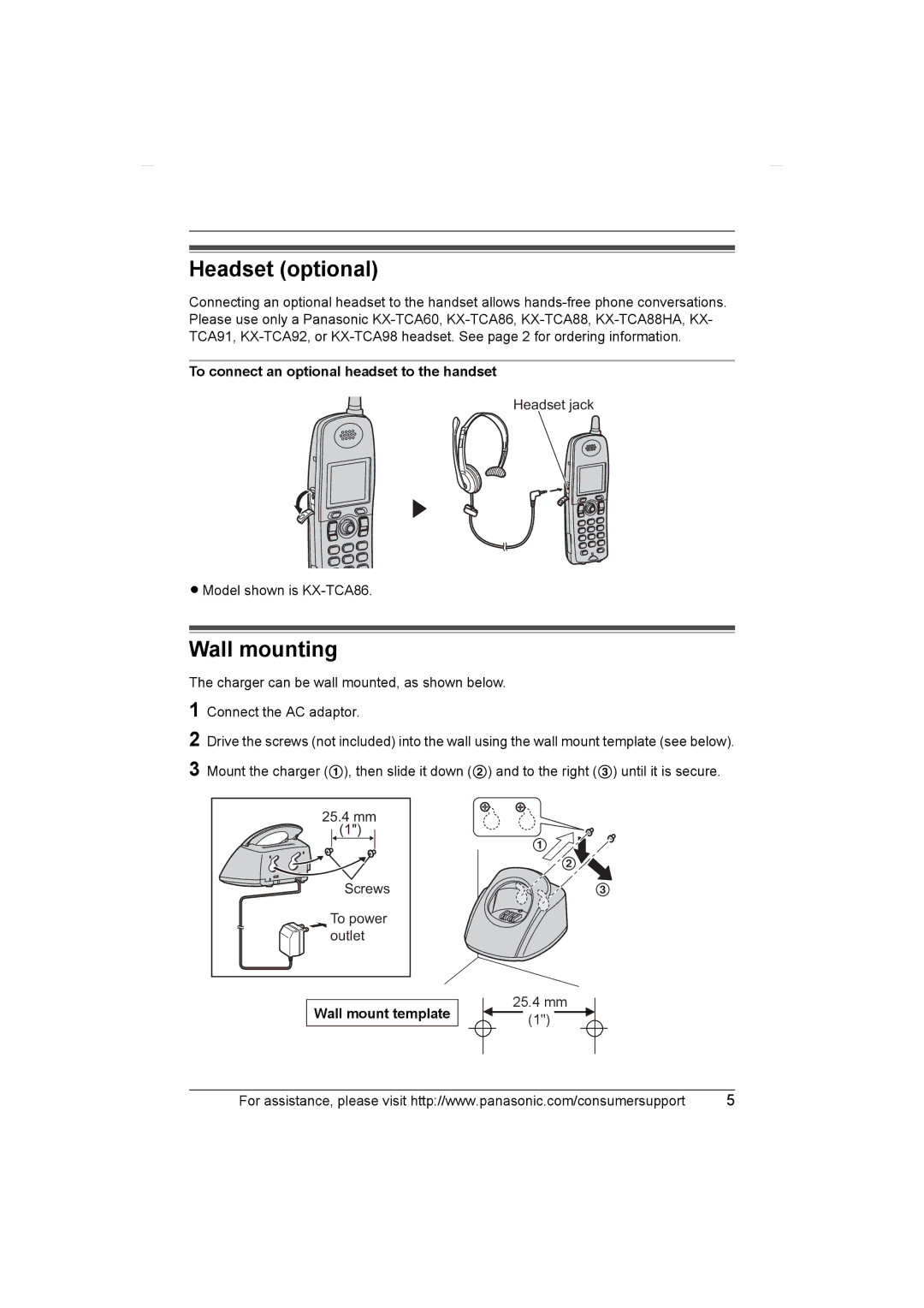 Panasonic KX-TGA552 Headset optional, Wall mounting, To connect an optional headset to the handset, Wall mount template 