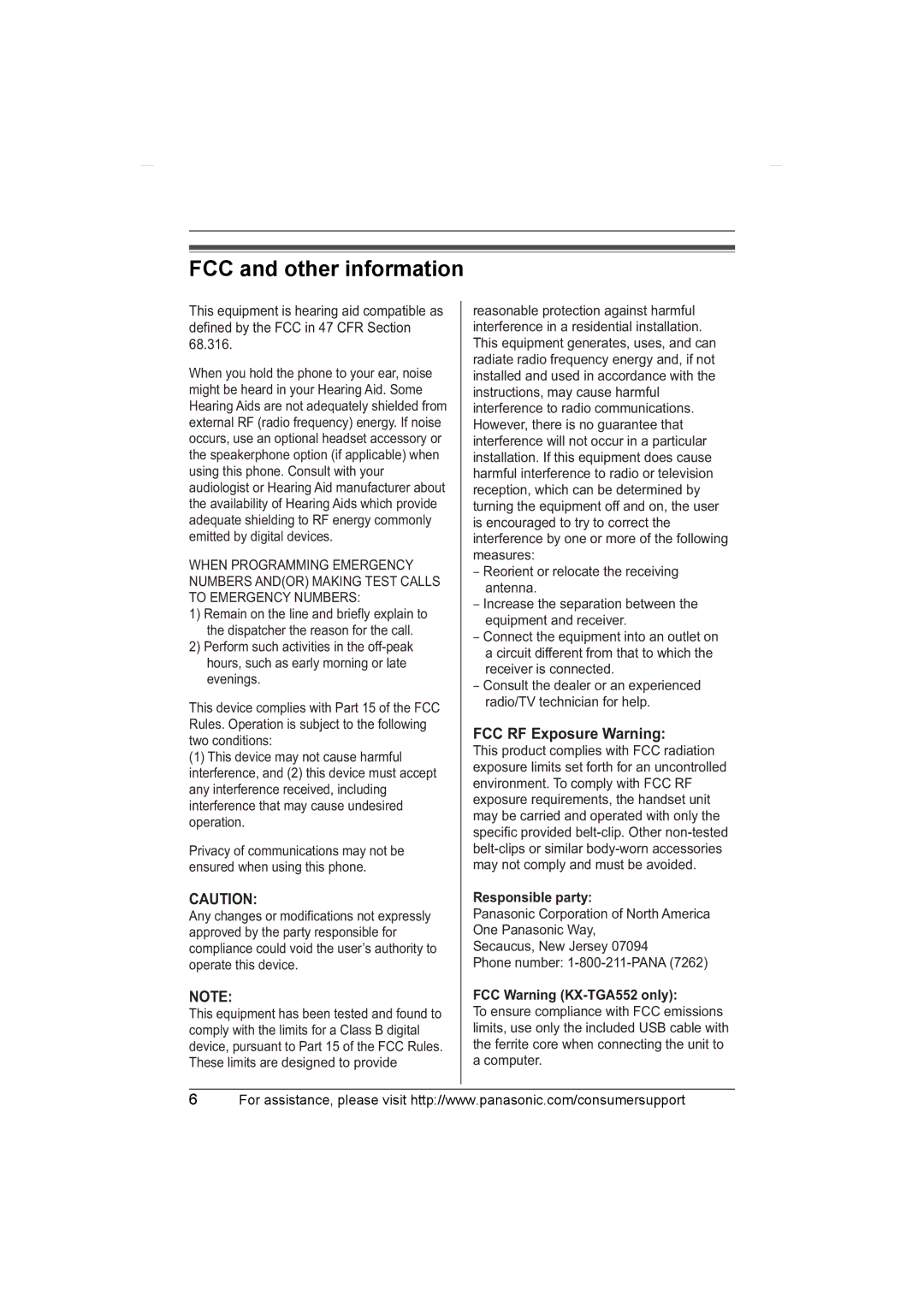 Panasonic KX-TGA550 FCC and other information, FCC RF Exposure Warning, Responsible party, FCC Warning KX-TGA552 only 