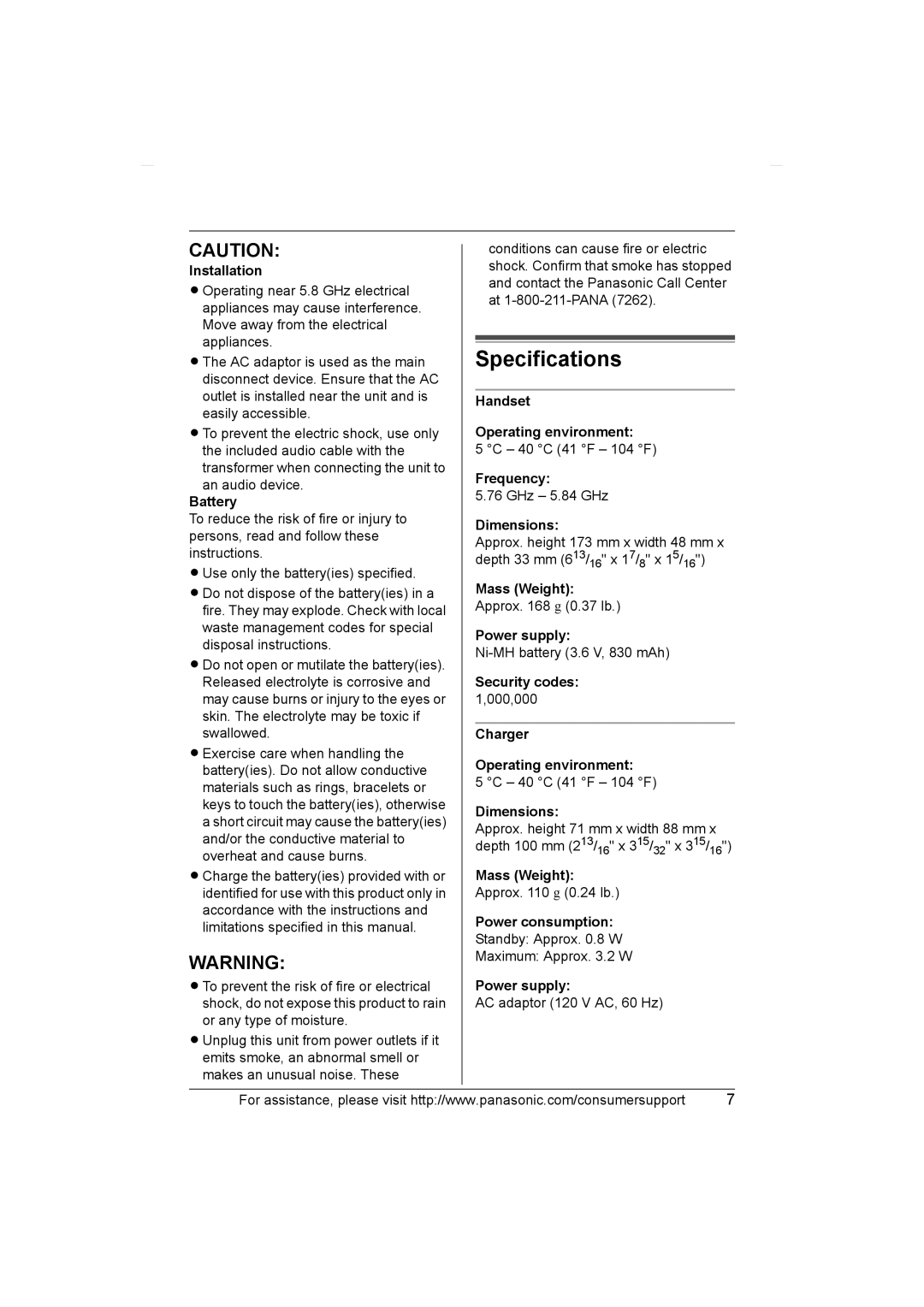 Panasonic KX-TGA552, KX-TGA550 installation manual Specifications 