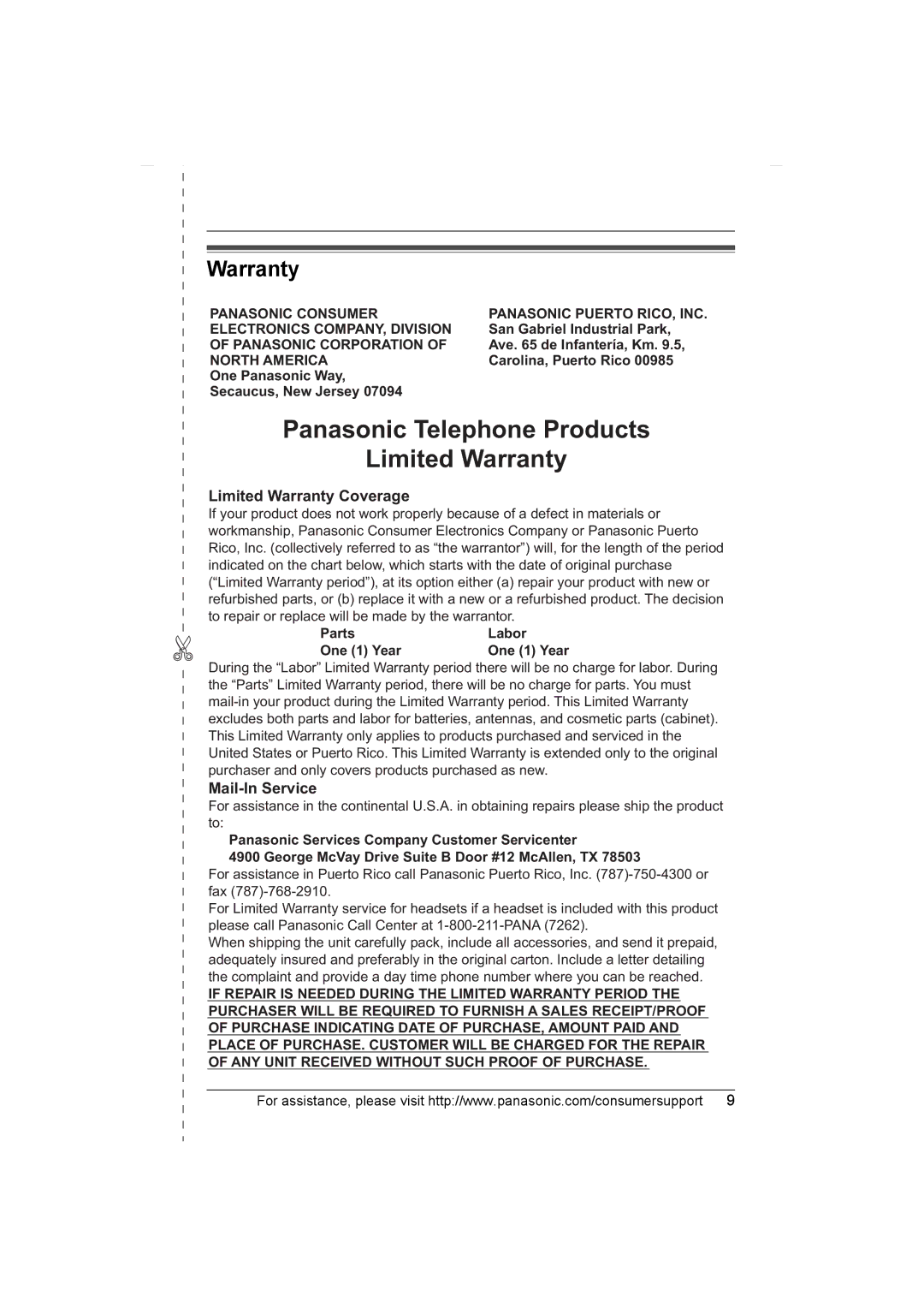 Panasonic KX-TGA552, KX-TGA550 installation manual Limited Warranty Coverage, Mail-In Service 