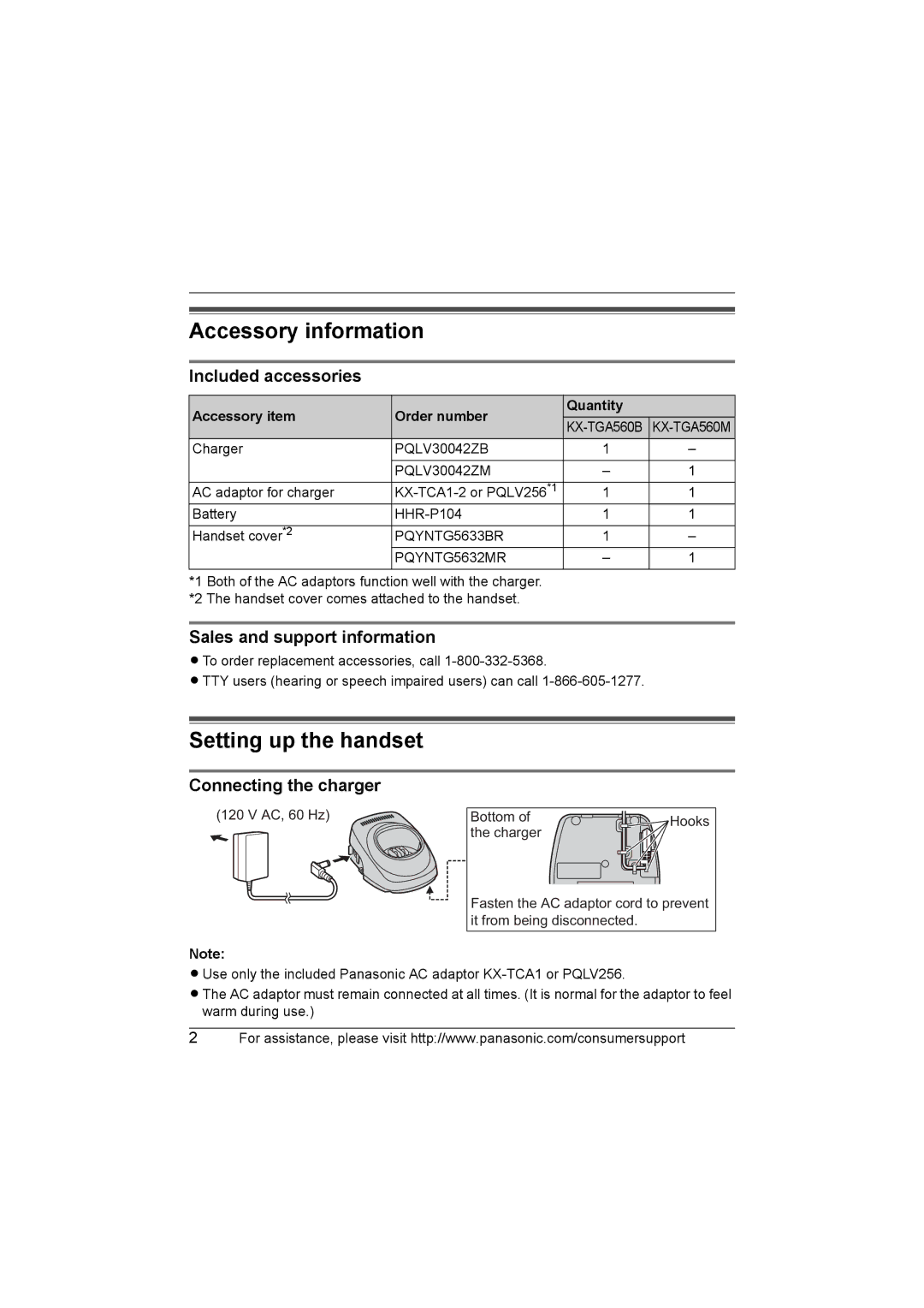 Panasonic KX-TGA560M Accessory information, Setting up the handset, Included accessories, Sales and support information 