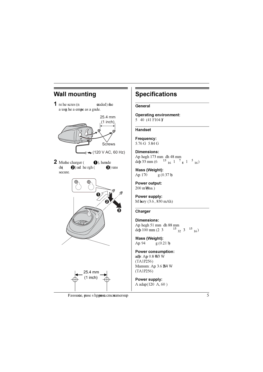 Panasonic KX-TGA560M installation manual Wall mounting, Specifications 