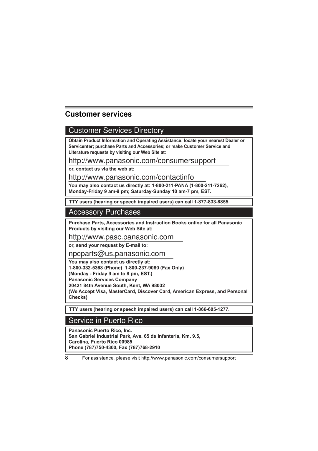 Panasonic KX-TGA560M installation manual Customer services, Customer Services Directory 