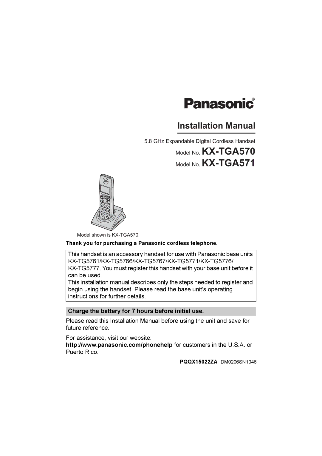 Panasonic KX-TGA571 installation manual Charge the battery for 7 hours before initial use, PQQX15022ZA DM0206SN1046 