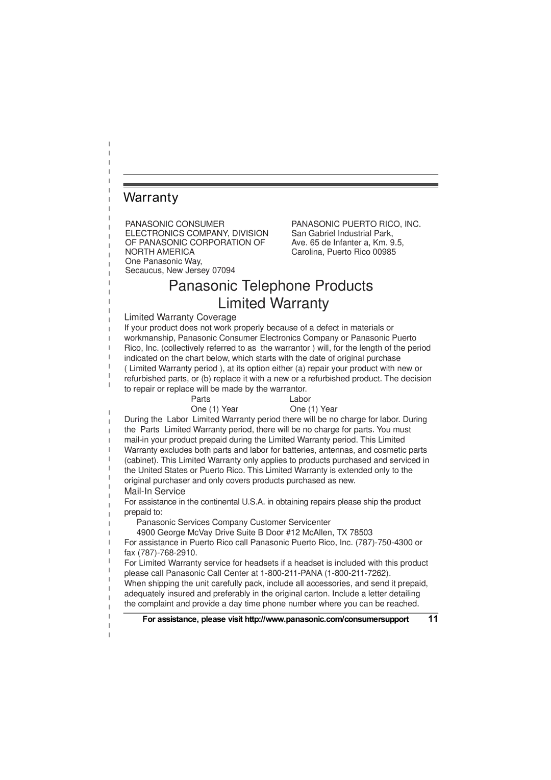 Panasonic KX-TGA571, KX-TGA570 installation manual Limited Warranty Coverage, Mail-In Service 