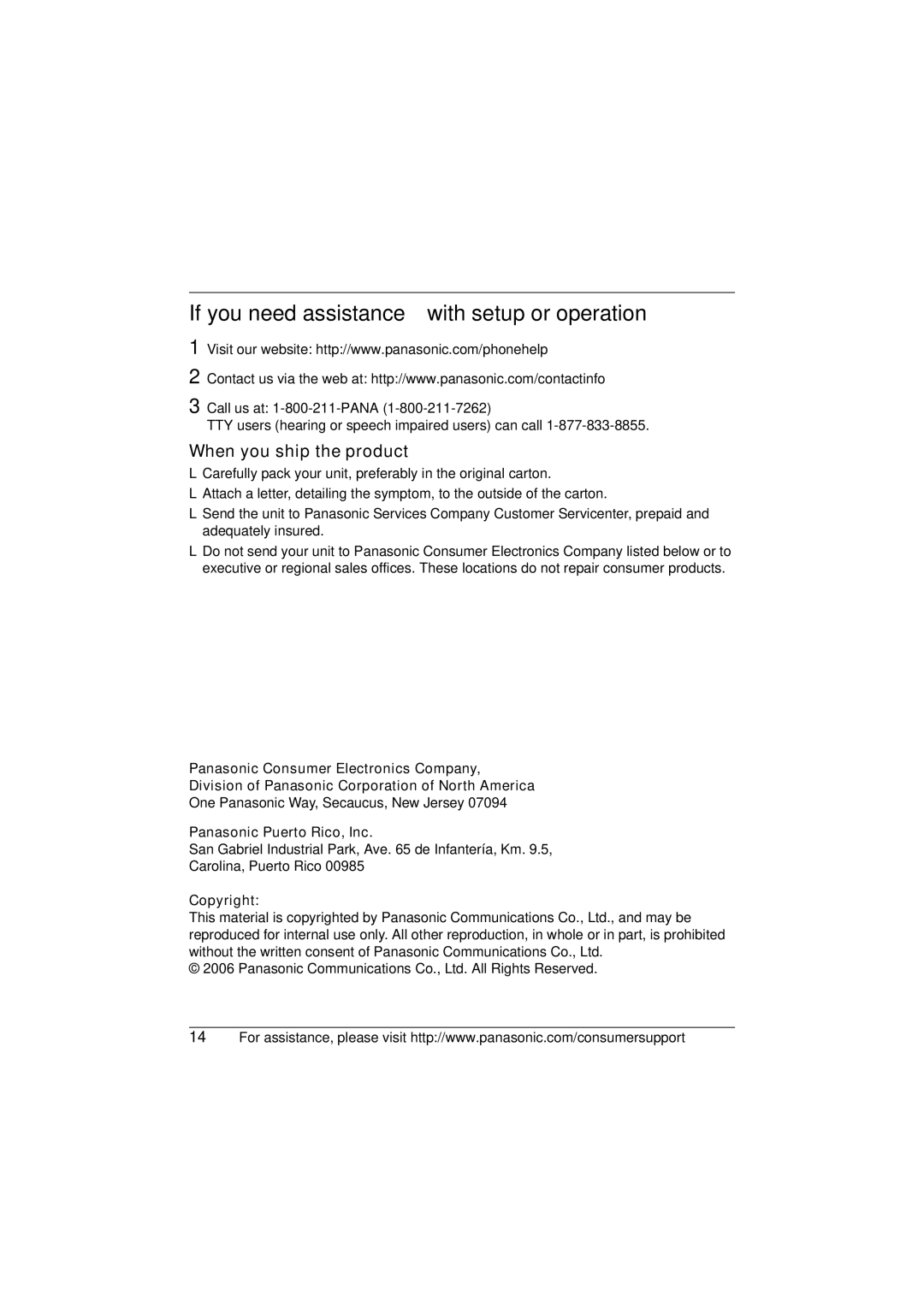 Panasonic KX-TGA570, KX-TGA571 installation manual When you ship the product, Panasonic Puerto Rico, Inc, Copyright 