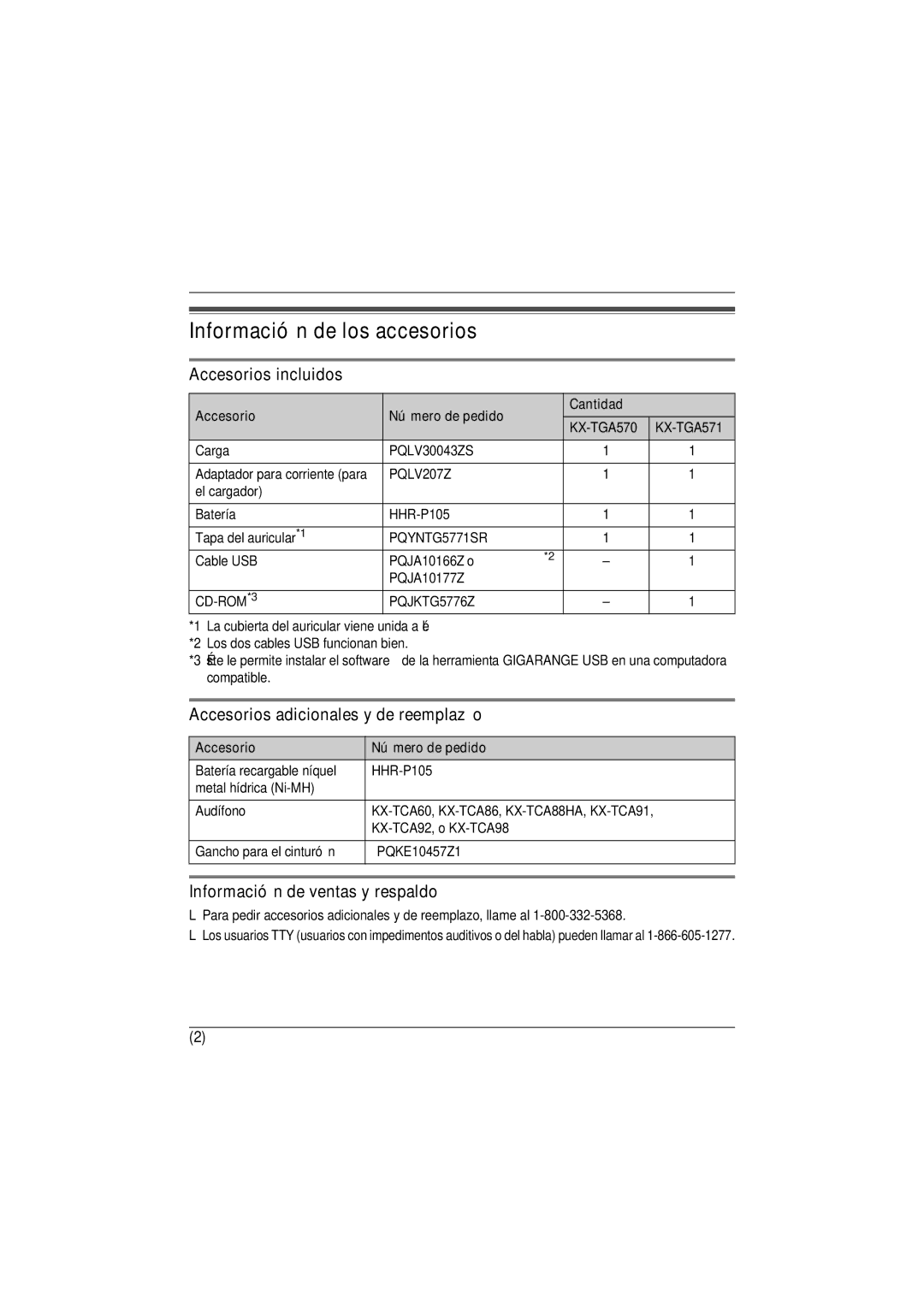 Panasonic KX-TGA570, KX-TGA571 Información de los accesorios, Accesorios incluidos, Accesorios adicionales y de reemplazo 
