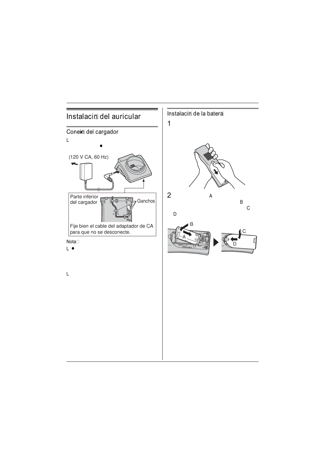 Panasonic KX-TGA571, KX-TGA570 Instalación del auricular, Conexión del cargador, Instalación de la batería, Nota 