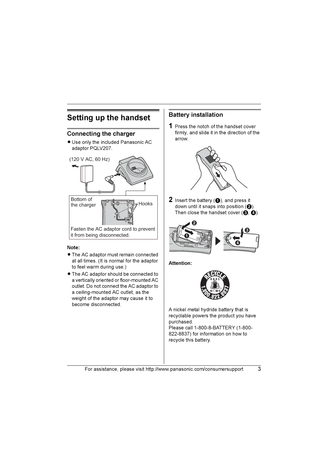 Panasonic KX-TGA571, KX-TGA570 installation manual Setting up the handset, Connecting the charger, Battery installation 