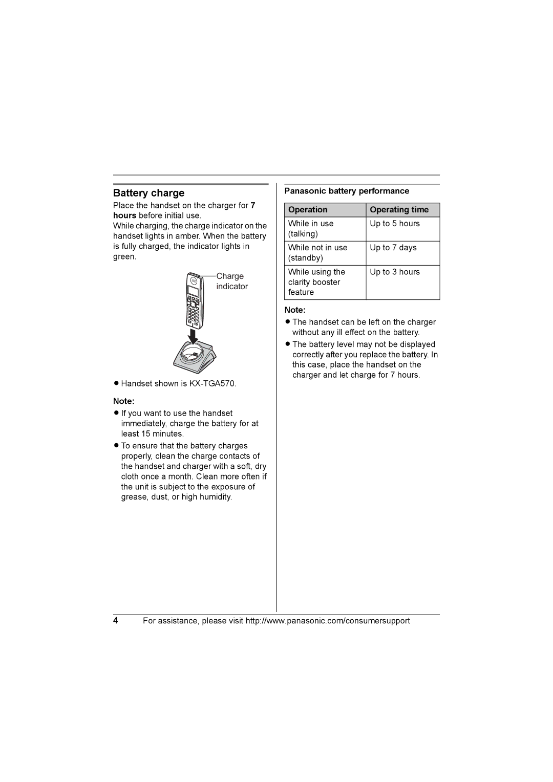 Panasonic KX-TGA570, KX-TGA571 installation manual Battery charge, Panasonic battery performance Operation Operating time 