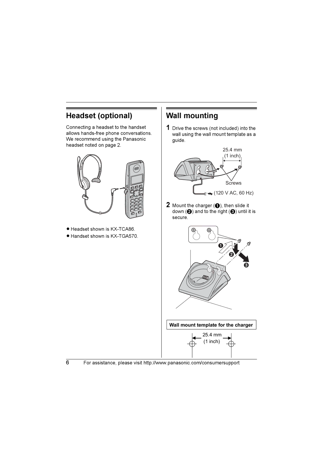 Panasonic KX-TGA570, KX-TGA571 installation manual Headset optional, Wall mounting, Wall mount template for the charger 