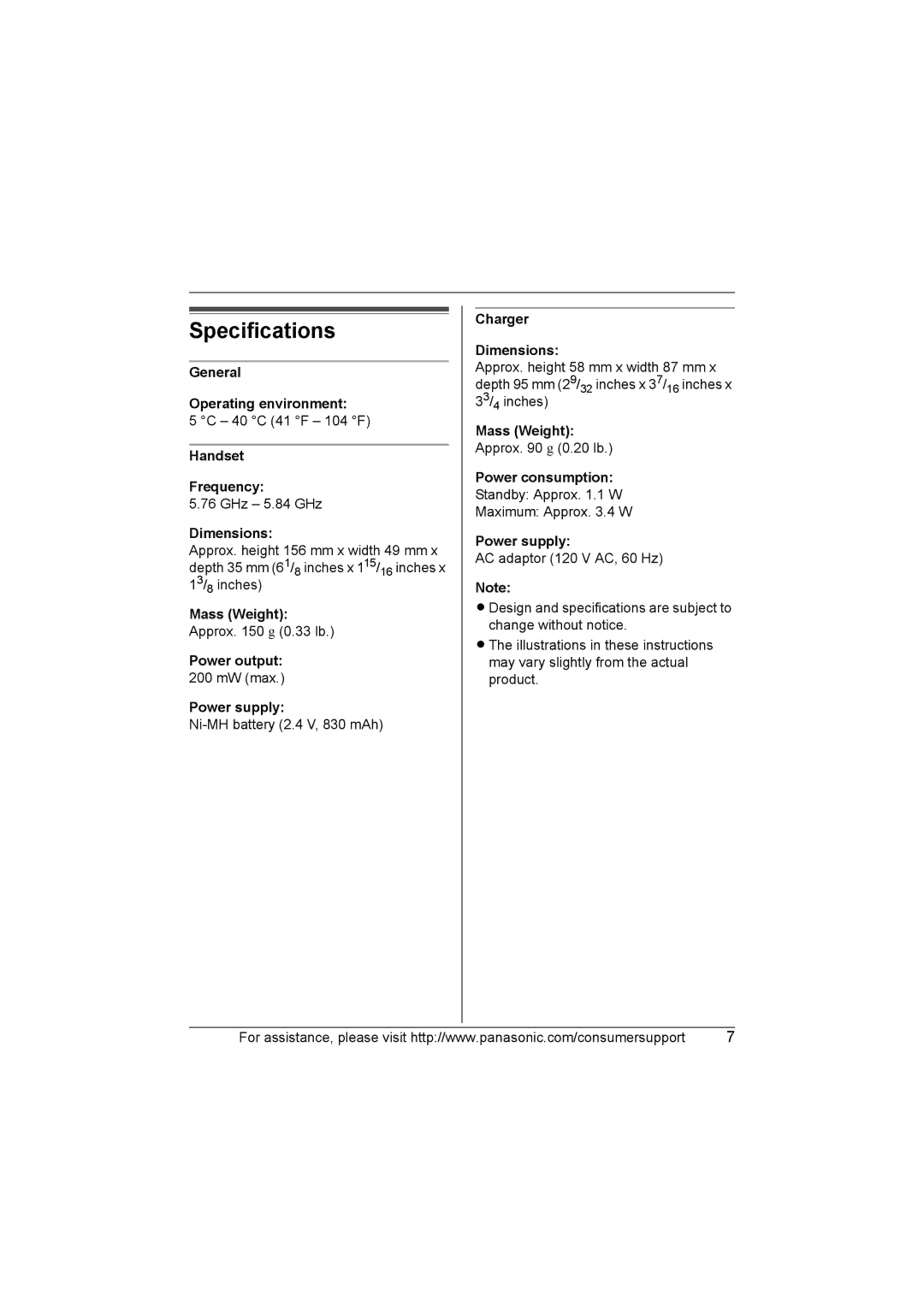 Panasonic KX-TGA571, KX-TGA570 installation manual Specifications 