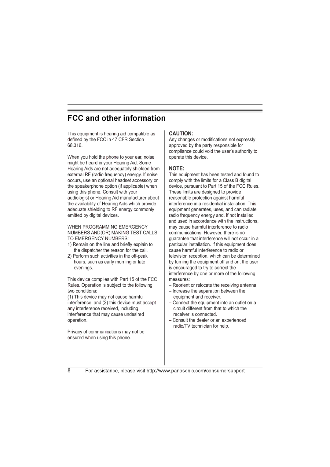 Panasonic KX-TGA570, KX-TGA571 installation manual FCC and other information 