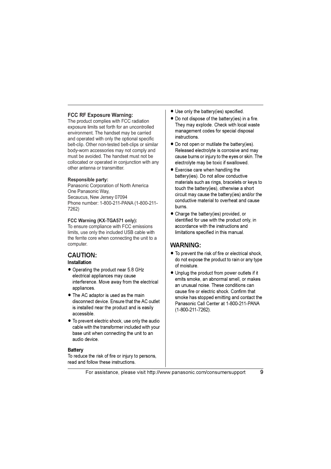 Panasonic KX-TGA570 FCC RF Exposure Warning, Responsible party, FCC Warning KX-TGA571 only, Installation, Battery 