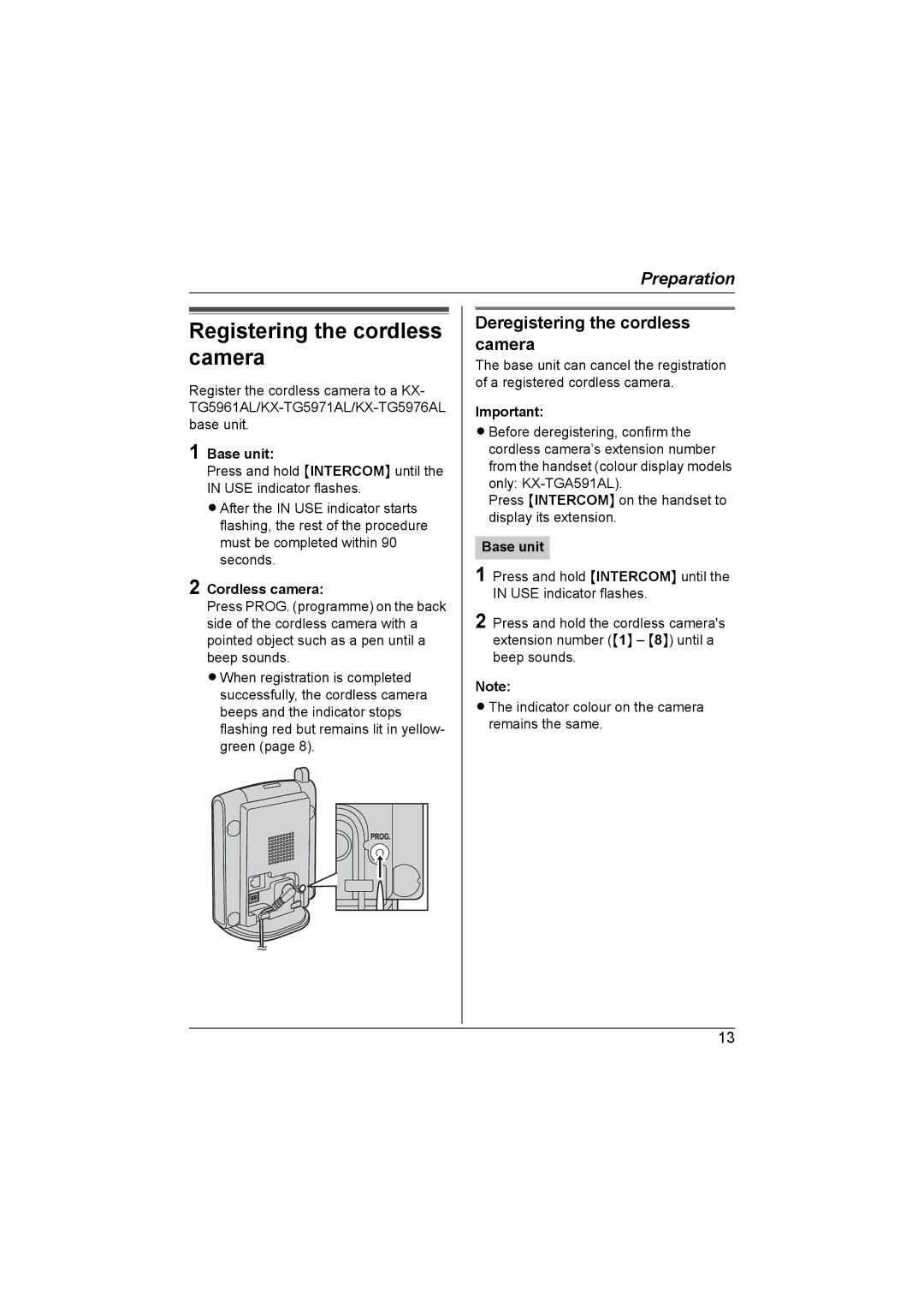 Panasonic KX-TGA593AL Registering the cordless camera, Deregistering the cordless camera, Base unit, Cordless camera 