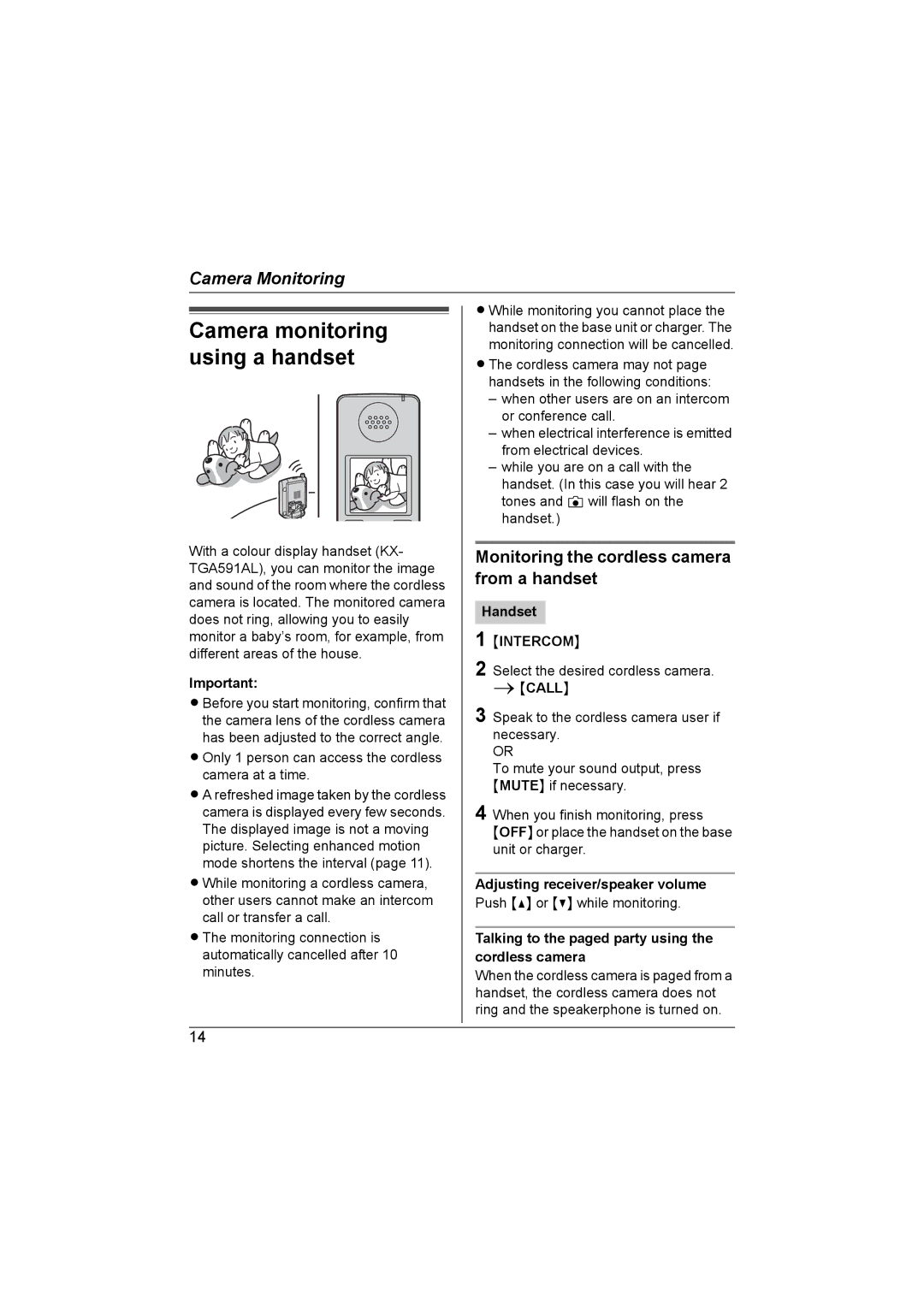 Panasonic KX-TGA593AL Monitoring the cordless camera from a handset, Handset, Call, Adjusting receiver/speaker volume 