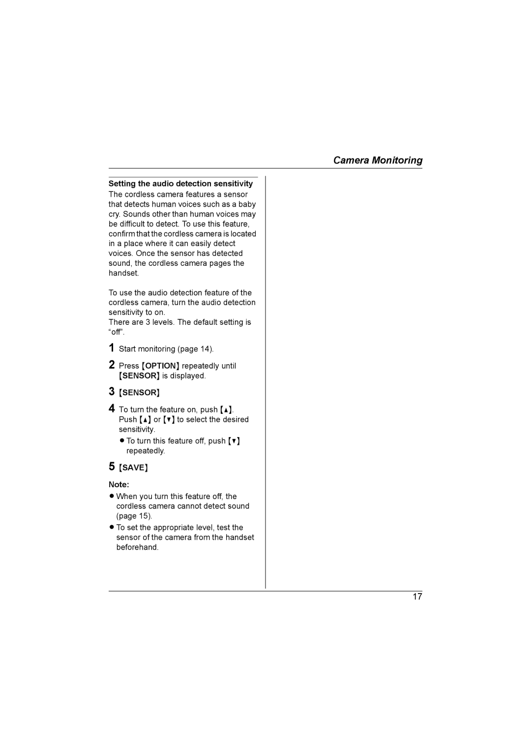 Panasonic KX-TGA593AL operating instructions Setting the audio detection sensitivity, Save 