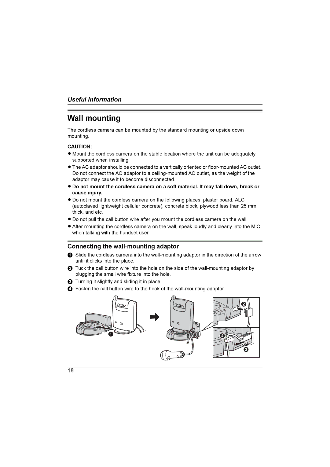 Panasonic KX-TGA593AL operating instructions Wall mounting, Connecting the wall-mounting adaptor 