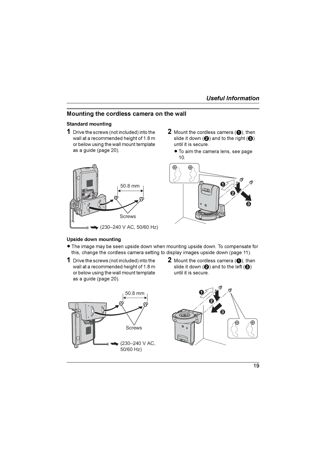 Panasonic KX-TGA593AL Mounting the cordless camera on the wall, Standard mounting, 50.8 mm, Upside down mounting 