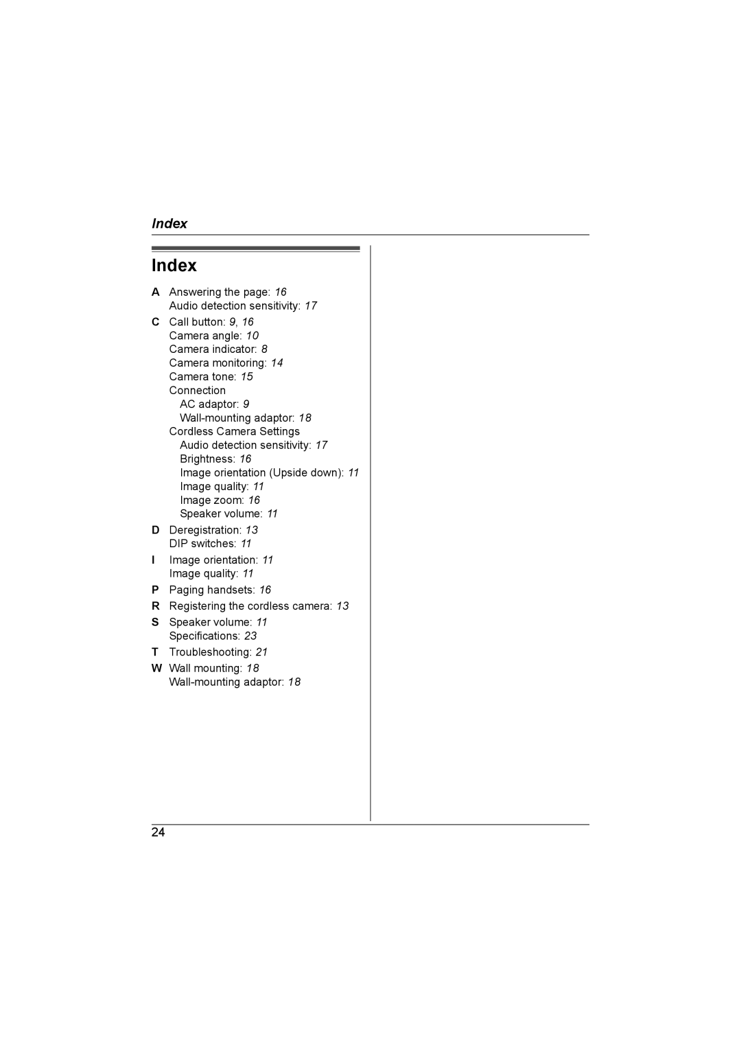 Panasonic KX-TGA593AL operating instructions Index 