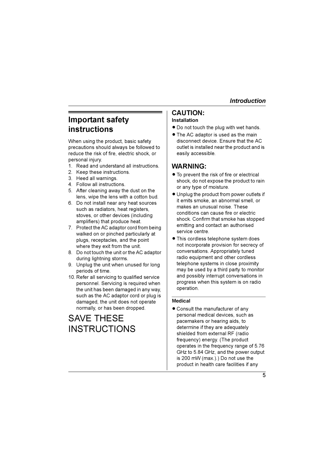 Panasonic KX-TGA593AL operating instructions Important safety instructions, Installation, Medical 