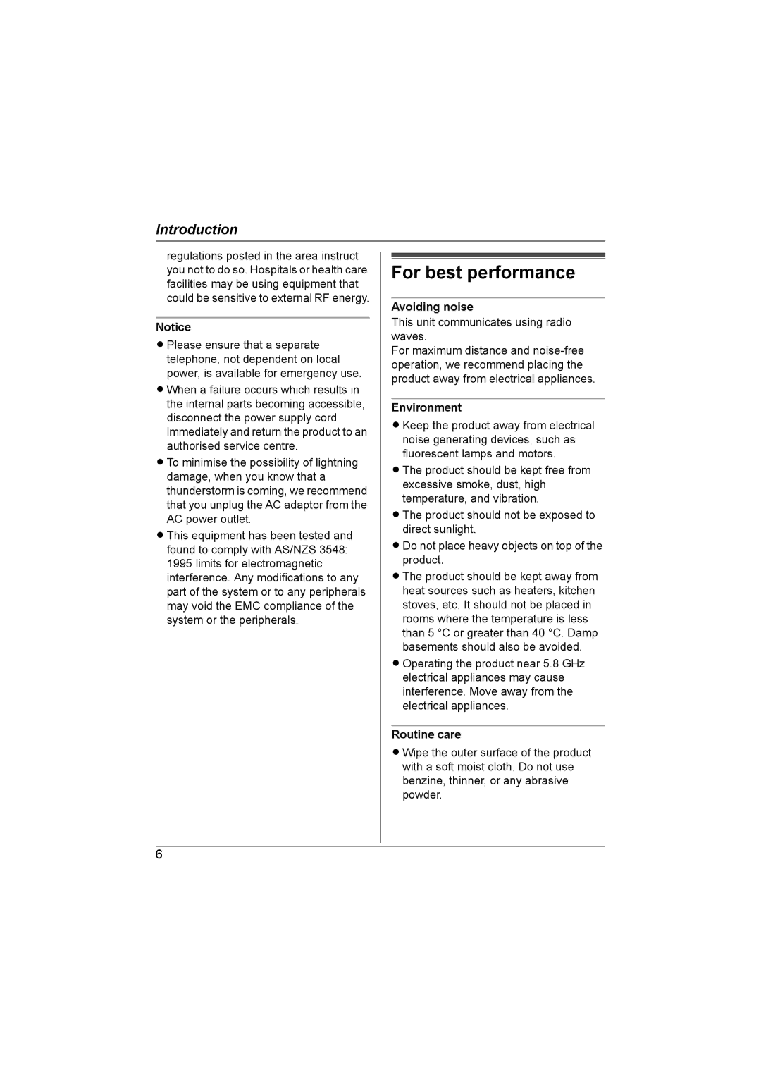 Panasonic KX-TGA593AL operating instructions For best performance, Avoiding noise, Environment, Routine care 